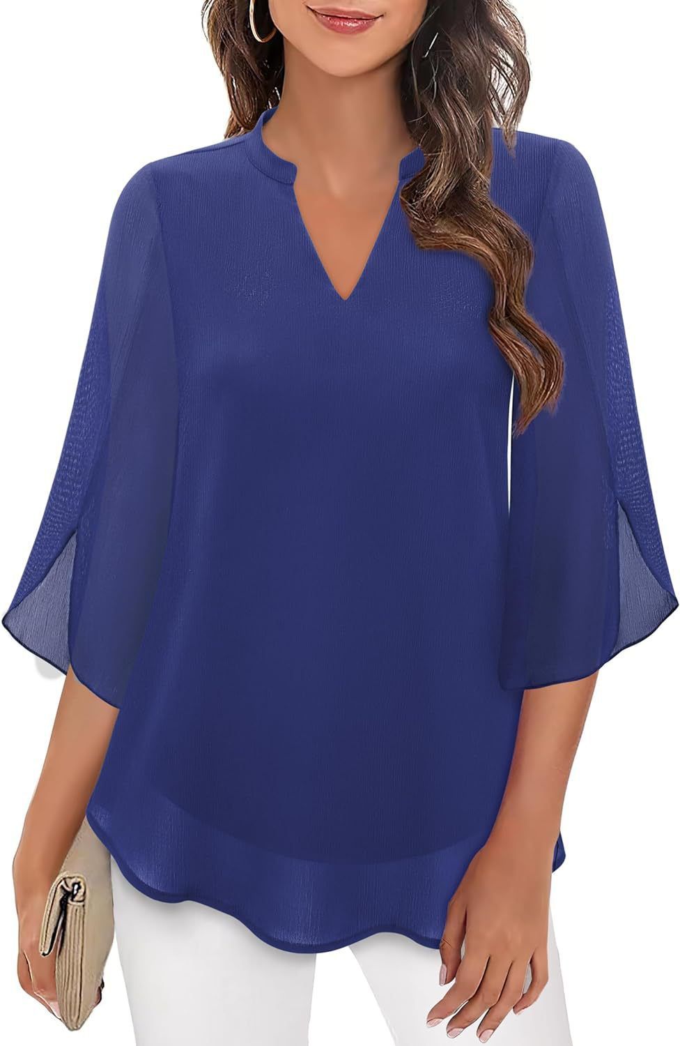 Women's Clothing Casual V Neck Chiffon Shirt Petal Sleeves Loose Fit Summer Top Elegant Fashion_ecoleips.com