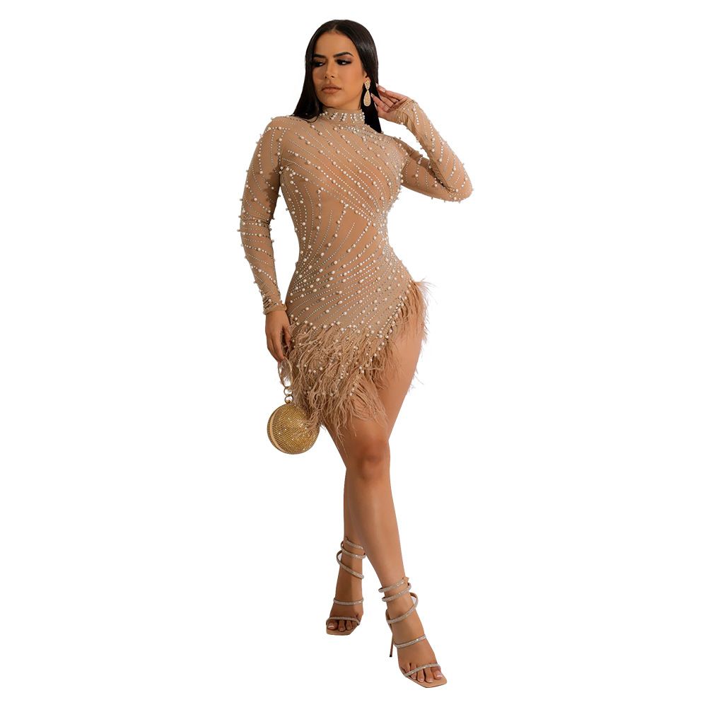 Women's Clothing Sexy Mesh Hot Diamond Bubble Bead Feather Dress_ecoleips.com