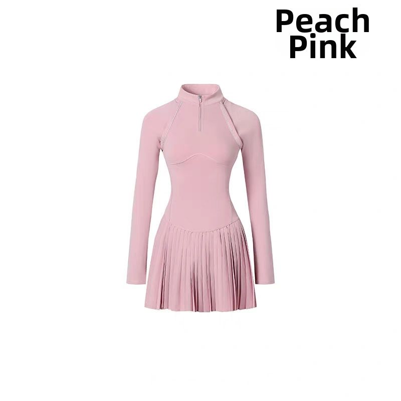 Women's Long Sleeved Sports Dress Zipper Stand Collar Fitness Tennis Skirt Set Anti Exposure Outdoor Running_ecoleips.com