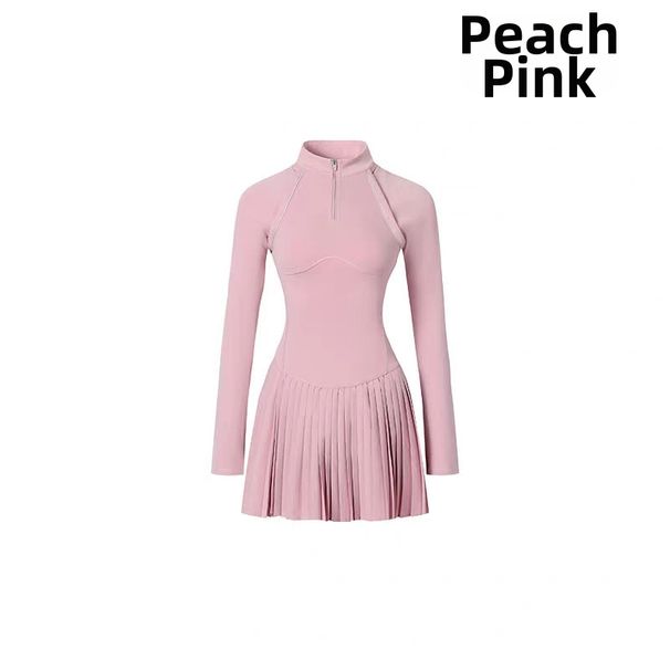 Women's Long Sleeved Sports Dress Zipper Stand Collar Fitness Tennis Skirt Set Anti Exposure Outdoor Running_ecoleips.com
