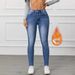 Women's Jeans Are Fashionable Versatile, Stretchy Casual Pants, Simple Slimming, Blue Fleece-lined Denim Trousers For_ecoleips.com