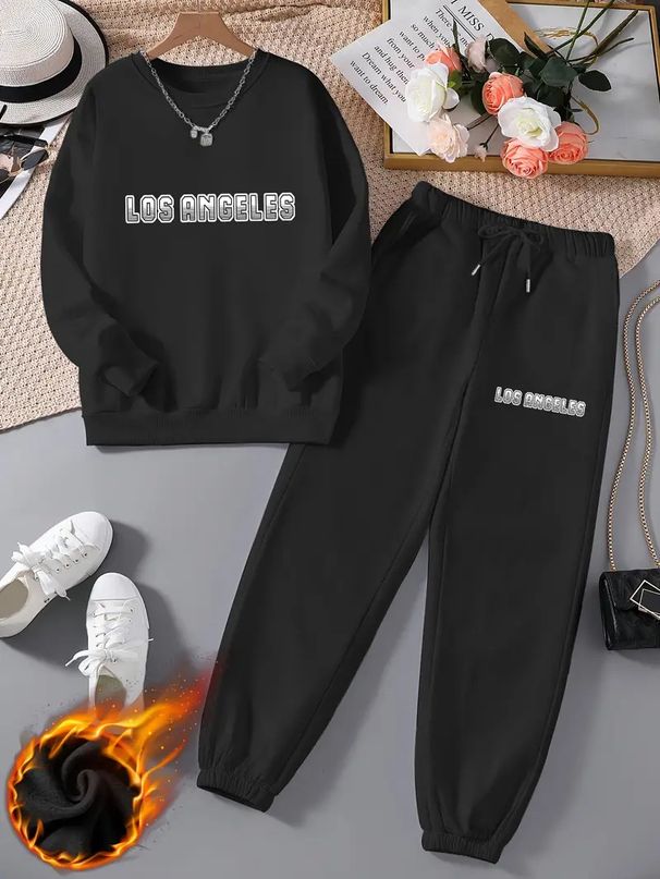 Women's Autumn/Winter Versatile Casual Long Sleeve Sweatshirt Fleece Lined Two Piece Set Letter Print_ecoleips.com