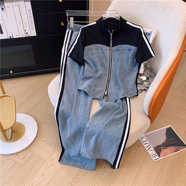 Women's Summer New Fashion Fashionable Fat Women's Suit Short-sleeved Denim Suit Plus Size Women's Casual Age-reducing Two-piece Suit Trend_ecoleips.com