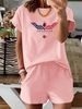 Summer New Letter Pattern T-shirt, Casual Printed Round Neck Short Sleeved Top With Elastic Waist Pocket, Women's Two-piece Set-287_ecoleips.com