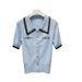 Women's Blue Collared Short Sleeved T-Shirt Color Block Knitwear Elegant Top For Spring/Summer_ecoleips.com