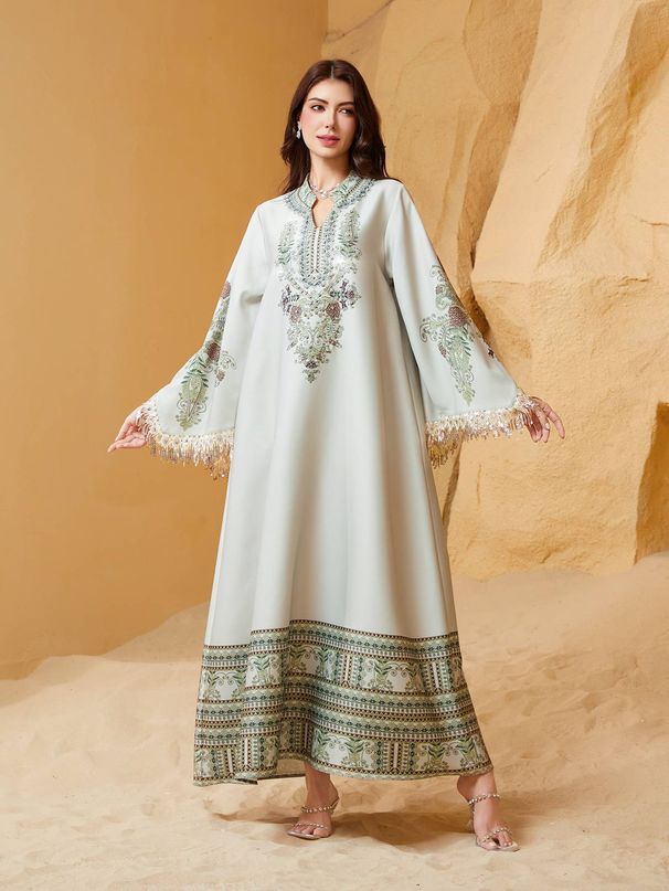 Middle Eastern Cross-Border Muslim Women's Long Robe, V-Neck Printed Fringe Abaya, Elegant Arabic Dress, Stylish Islamic Fashion_ecoleips.com