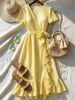V-neck, Ruffled, Belted, Fitted Waist Dress; Short-sleeved, Vacation-style Dress; Suitable For Vacations, The Beach, Dates, Daily Commutes, And Wedding Guests._ecoleips.com