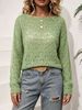 Mint Green Boat Neck Hollow Pit Rib Knit Sweater, Loose Lightweight Breathable Micro Hole Soft Skin-touch Long Sleeve Pullover_ecoleips.com
