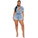Women's Clothing High Elastic Short Sleeve Slimming Washed Denim Jumpsuit_ecoleips.com