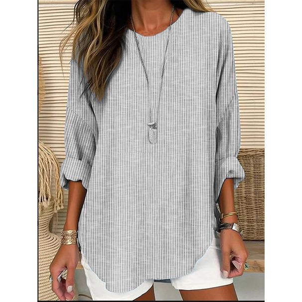 Women's Clothing Retro Striped Design Loose Long Sleeve Round Neck Top_ecoleips.com