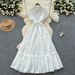 French Elegant Retro Hollow Lace Patchwork Waist Small Flying Sleeve Dress Female Slim Temperament Long Skirt_ecoleips.com