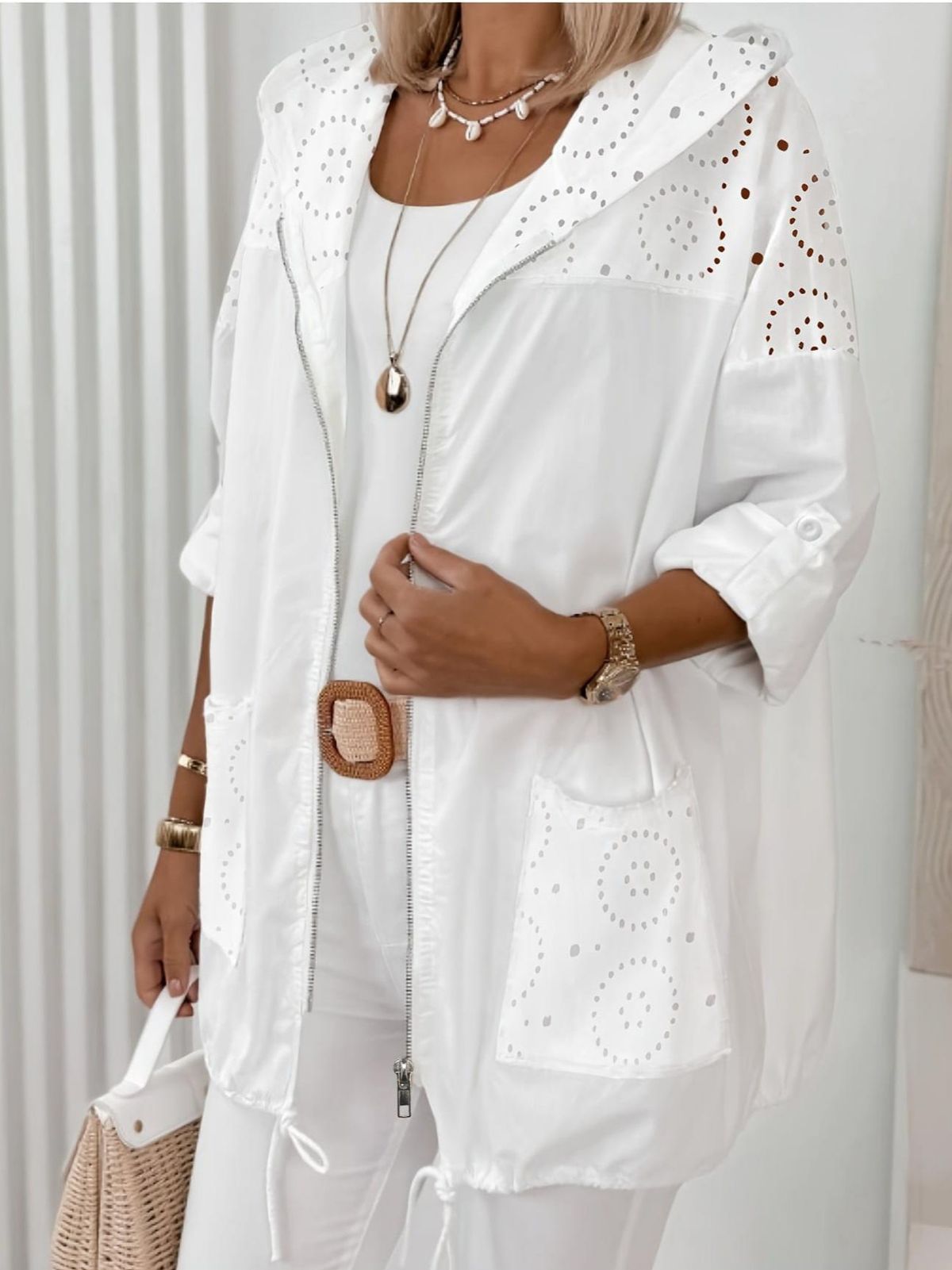 Women's Casual Versatile Jacket Mid-Length Zipper Top Hollowed Out Breathable Loose Fit Slimming_ecoleips.com