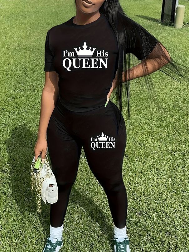 Women's Casual Loose And Fashionable QUEEN Letter Pattern Printed Loose T-shirt+cropped Pants Two-piece Set Home Sportswear Daily Wear-462_ecoleips.com