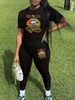Women's Casual Loose And Fashionable BLACK Queen Pattern Print Loose T-shirt+shorts Two-piece Set Home Sportswear Daily Wear-454_ecoleips.com