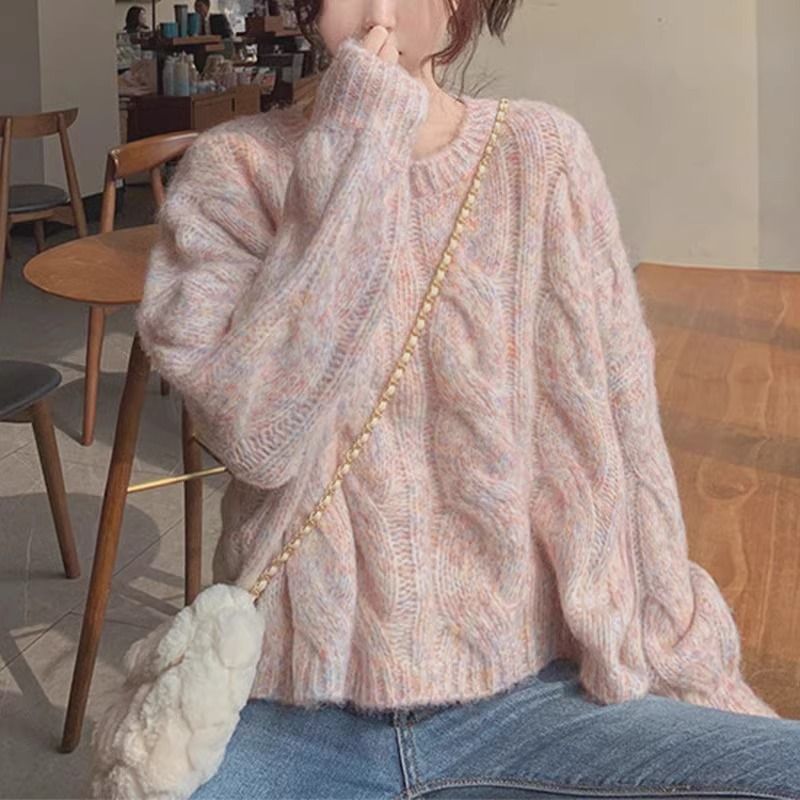 Women's Clothing Women's Pink Short Sleeve Sweater Soft Cozy Cable Knit Loose Fit Sweet Style Autumn Winter Collection_ecoleips.com