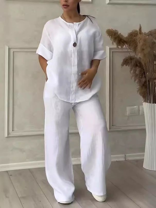 2027 Summer Fashion European-USA Style Women Long Sleeve Shirt + Wide-Leg Pants Pure Color Two-Piece Casual Sets S-5XL_ecoleips.com