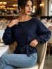 Women Boat Neck Long Sleeve Knit Top, Loose Waist Tie Sweater Lightweight Breathable Ribbed Cuffs Soft Skin Friendly Knit Blouse_ecoleips.com