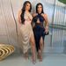 Statement-Making Cross Neckline Dress – Mesh Cut-Out & High Slit Sequin Party Dress, Edgy Evening Gown For Club & Cocktail Events_ecoleips.com