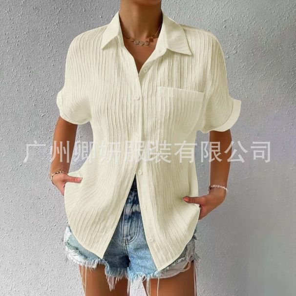 Cardigan, Annual Patchwork Pocket, Short-Sleeved, Solid Color, Casual And Elegant, Lapel, Shoulder Sleeve Shirt, Short-S_ecoleips.com