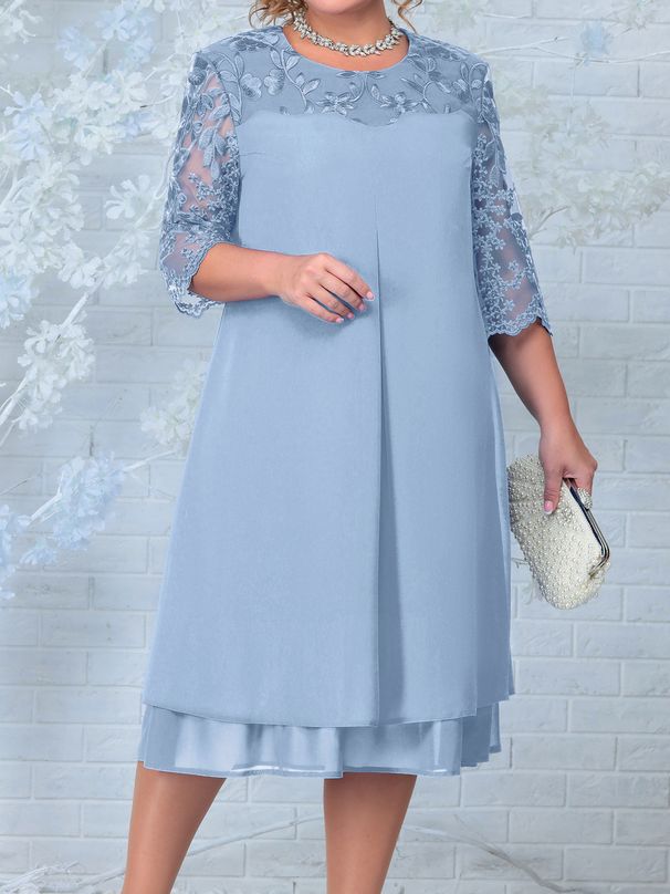Women's Plus Size Elegant Casual Dress Embroidered Chiffon Patchwork O-Neck Five Sleeve Spring/Autumn_ecoleips.com