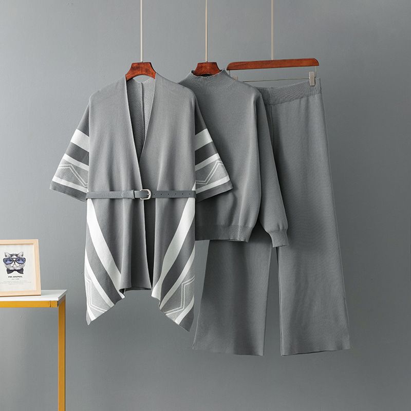 Women's European American Style Knitted Three Piece Set Jacquard Shawl Top Loose Wide Leg Pants Simple Casual Spring Autumn Suit_ecoleips.com