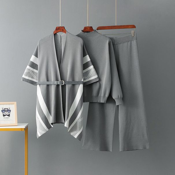 Women's European American Style Knitted Three Piece Set Jacquard Shawl Top Loose Wide Leg Pants Simple Casual Spring Autumn Suit_ecoleips.com