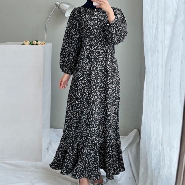 Women's Casual Long Sleeved Open Front Loose Printed Dress Button Neck Detail_ecoleips.com