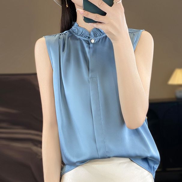 Women's Spring/Summer Slimming Flannel Collarless T-Shirt With Lace-Trimmed Collar And One-Button Back, Pure Color, Slim_ecoleips.com