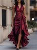 New Style Satin V-neck Sleeveless Ruffled Elegant Dress For Women Summer Fashion Solid Casual Holiday Party Dresses Robe Femme_ecoleips.com