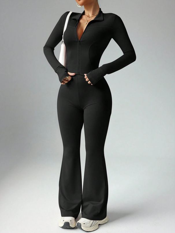 High-Waisted Seamless Yoga Set for Women Long Sleeve Crop Top And Flared Leggings Quick-Dry Workout Outfit Pink Black Grey Light Grey S XL_ecoleips.com