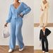 Women's Casual Solid Color Two-Piece Set Loose Cardigan Straight Pants Wide Leg Drawstring Outfit For Autumn Winter_ecoleips.com