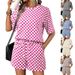 Women's Checkerboard Print Short Sleeve T-Shirt With Drawstring Pocket Shorts Set, Casual Loungewear Two Piece Outfit For Summer, Street Style_ecoleips.com