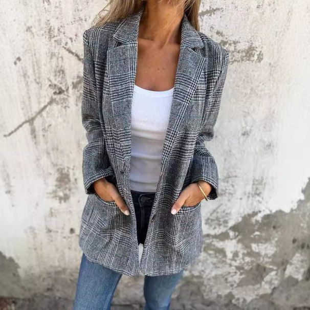 Classic Houndstooth Blazer Jacket For Women – Oversized Notch Lapel, Polyester Mid-Length Coat, Vintage Office To Streetwear Staple_ecoleips.com