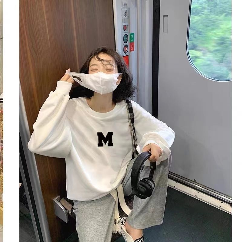 Trendy Letter Print Crew Neck Sweatshirt For Women 2023 Autumn/Winter New Fleece Lined Loose Fit Versatile Couple's Top_ecoleips.com