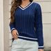 V-Neck Cable Knit Sweater – Oversized Ribbed Pullover (Polyester Blend, Blue/Red/Gray/Black, S/M/L/XL)_ecoleips.com