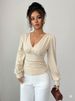 K New V-neck Fashion Handmade Pearl Solid Color Long Sleeved Slim Fit T-shirt For Women_ecoleips.com