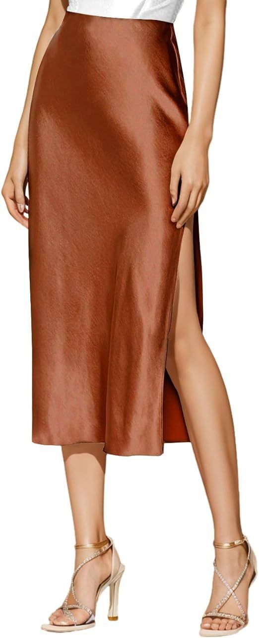 Elegant High-Waist Satin Slit Pencil Skirt - Stretchy Midi Skirt For Women Office To Evening Wear Plus Size Available_ecoleips.com