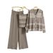 Women's Clothing Striped Knitted Cardigan, Suspenders, Wide Leg Pants, Fashionable Three Piece Suit_ecoleips.com