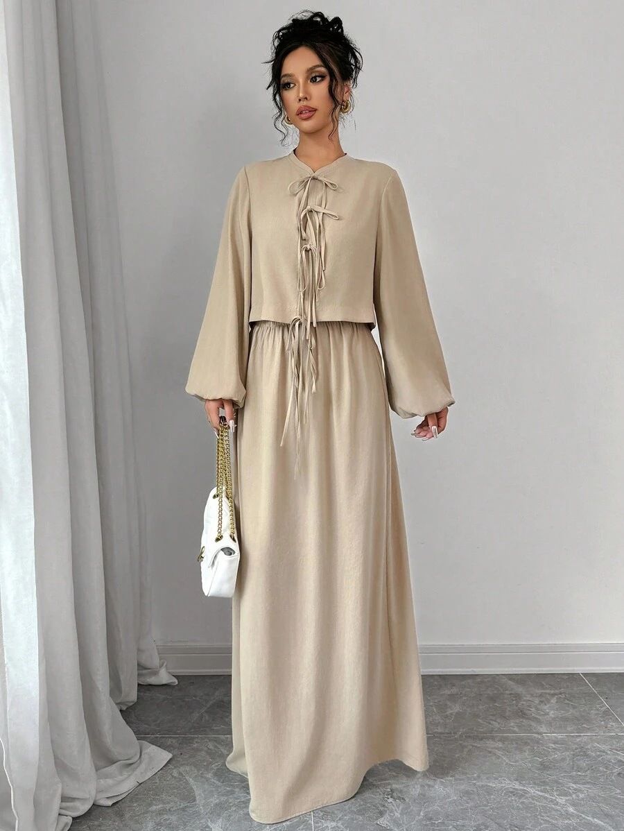 Women's Retro Artistic Long Sleeve Tie Waist Dress Set Springtime Elegance Casual Fashion Cotton Polyester Full Length Pant Set_ecoleips.com