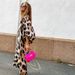 Women's Clothing V Neck Loose Lantern Sleeve Leopard Print Dress_ecoleips.com