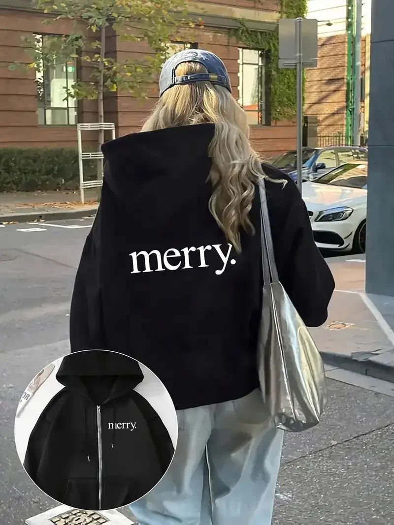 "Women's Letter Print Hooded Sweatshirt – Winter Fleece-Lined Thickened Pullover, Oversized Streetwear Top"_ecoleips.com