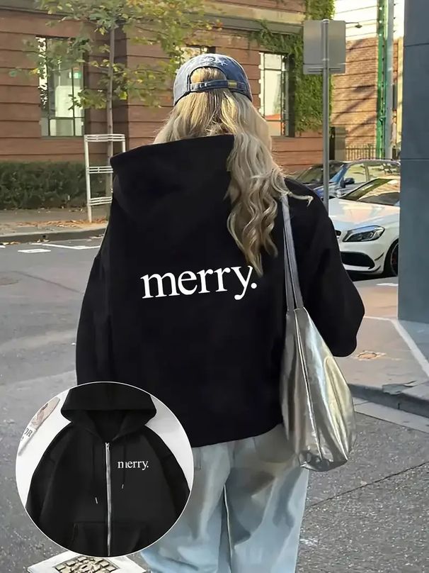 "Women's Letter Print Hooded Sweatshirt – Winter Fleece-Lined Thickened Pullover, Oversized Streetwear Top"_ecoleips.com