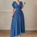 Women's Pleated Dress Solid Color Short Sleeve Long Skirt For Everyday Wear And Commuting Spring New Style Easy To Match_ecoleips.com