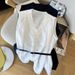 Korean Style Lace Trim V Neck Single Breasted Top for Women Loose Fit Slimming Sleeveless Shirt Waist Cinching New in Stock_ecoleips.com