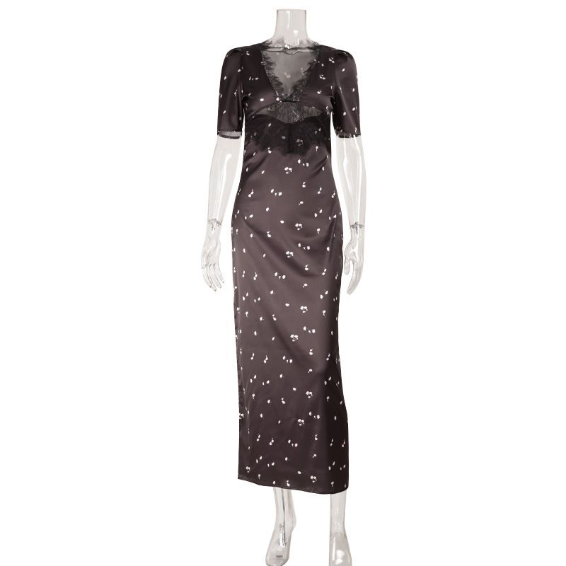 Women's Sexy V Neck Dress New Summer Fashion Waist Hollowed Out Lace Patchwork Dress Versatile_ecoleips.com