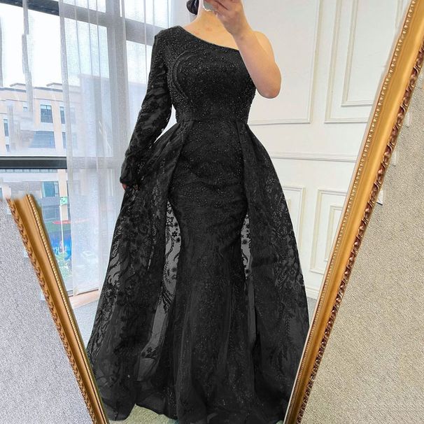 Women's Clothing Summer Slim Fishtail Dress Skirt Mesh Beaded Light Luxury Fashionable Oblique Shoulder Long Sleeve Dress_ecoleips.com