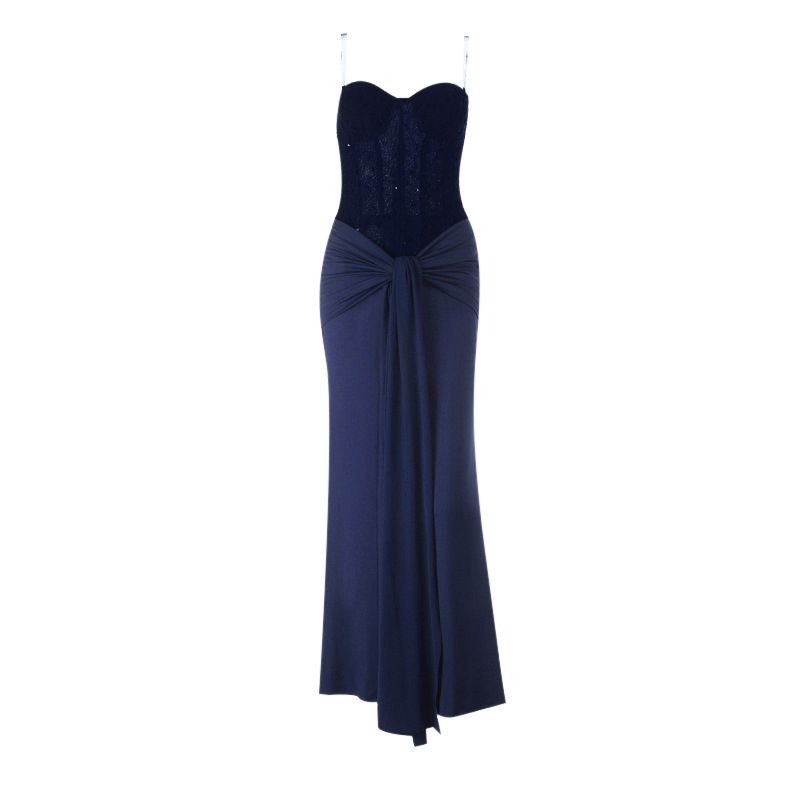 Shining Splicing Gown Party Dress For Women Sexy Strapless Sleeveless Slim Evening Dress Elegant Tie-Up Draped White Long Dress_ecoleips.com