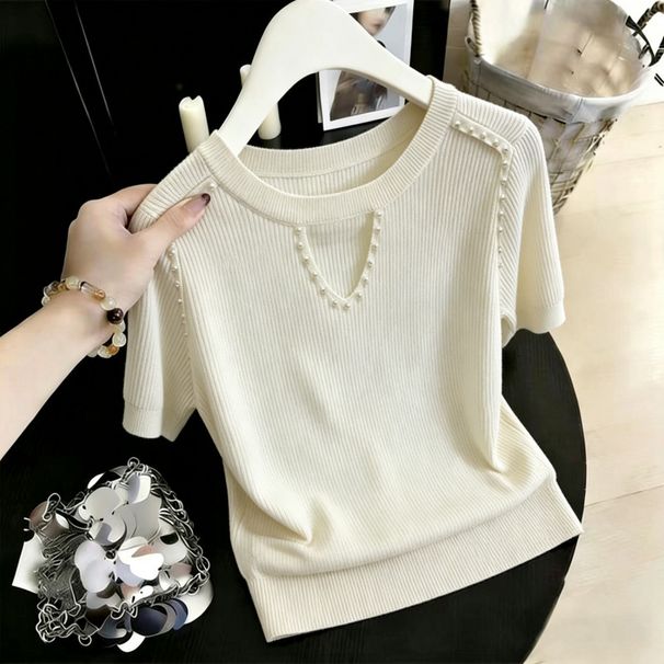 Women's Slimming Ice Silk Knitted Top Short Sleeve Hollowed Out Design Summer Beautiful Plus Size Fashion_ecoleips.com
