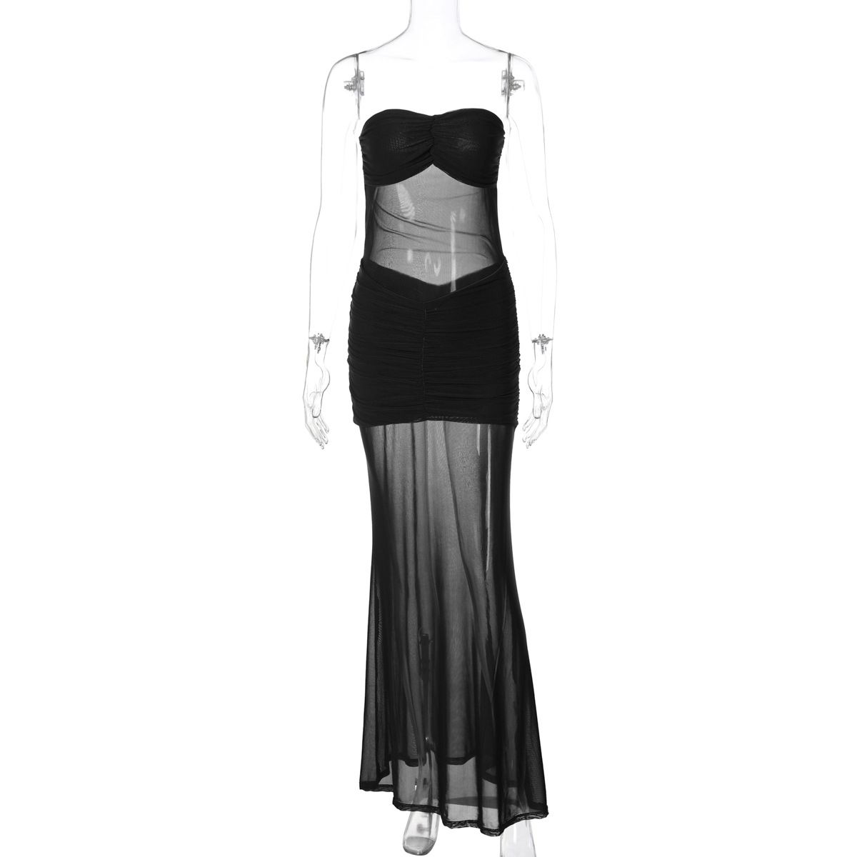 European And American Style Mesh Patchwork 2025 Summer New Women's Sexy Off-Shoulder Strapless Long Dress Wholesale_ecoleips.com