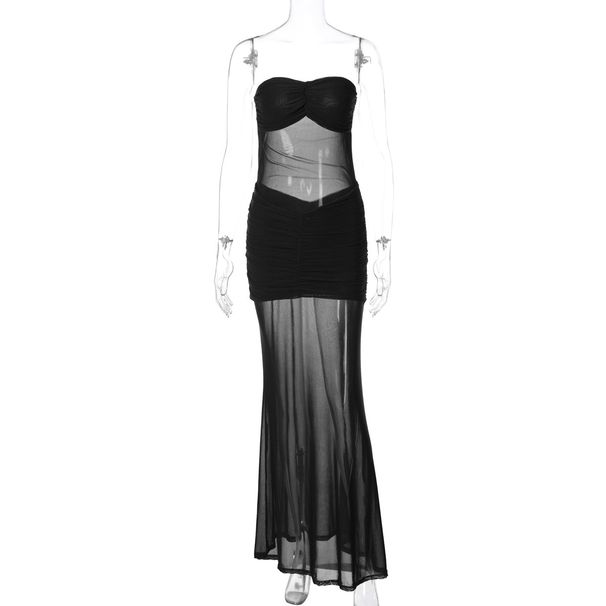 European And American Style Mesh Patchwork 2025 Summer New Women's Sexy Off-Shoulder Strapless Long Dress Wholesale_ecoleips.com